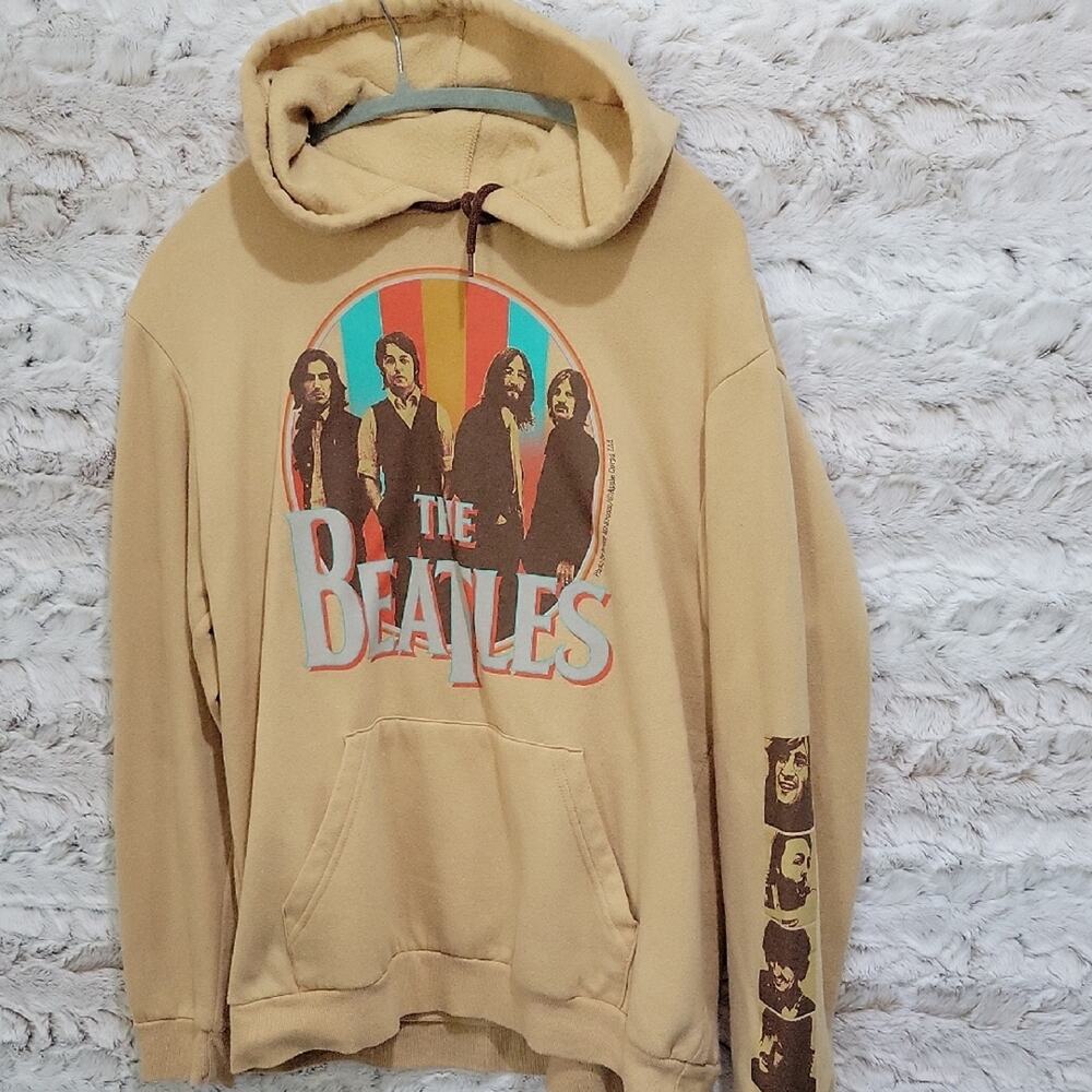 The Beatles Mens Mustard Brown Hoodie With Band Graphic On Front And Sleeve, L
